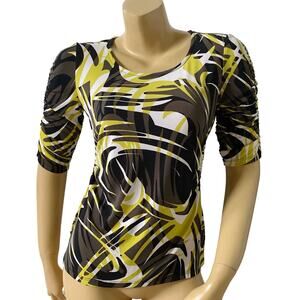 ALFANI Womens Petite Size PS Ruched 3/4 Sleeve Tropical Print Scoop Neck Shirt